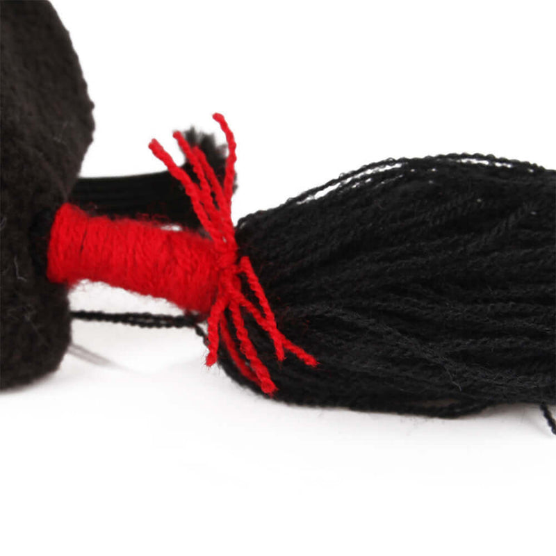 Close-up of Halloween Nezha headband showing black and red yarn tassels for pet costume accessory.