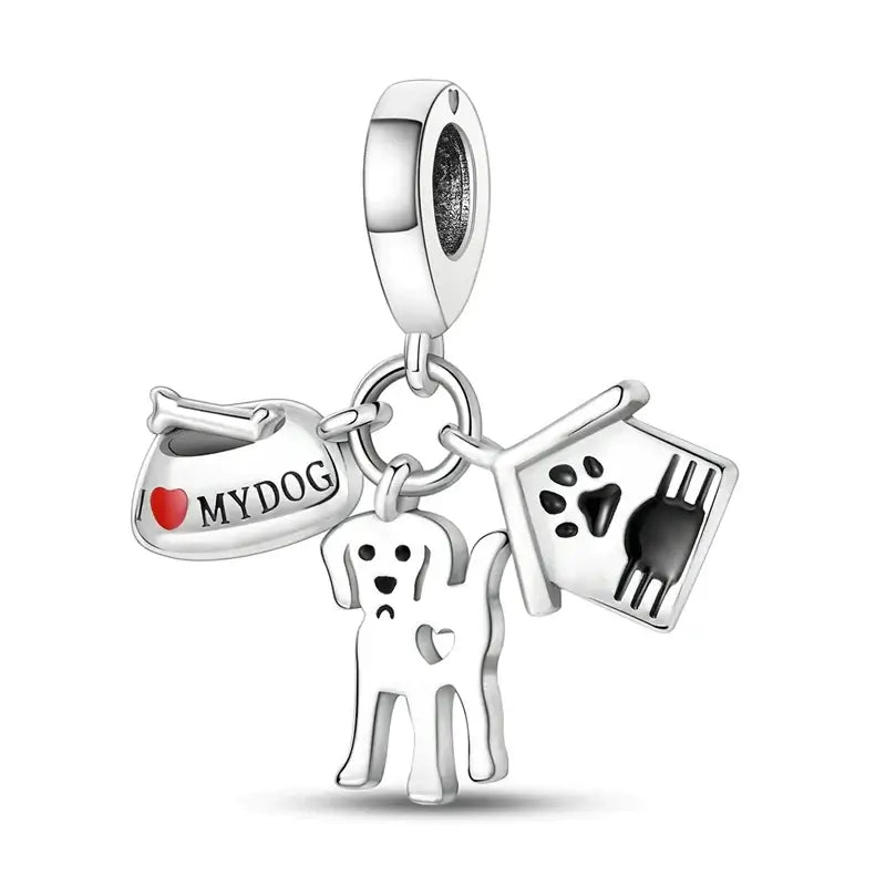 925 Silver Dog Charms: Paw, Bone & Bulldog Beads
