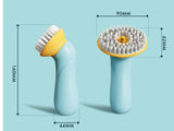 Handheld pet bath brush with silicone bristles, ergonomic grip, and built-in soap dispenser for easy grooming.