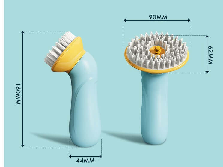 Handheld pet bath brush with silicone bristles, ergonomic grip, and built-in soap dispenser for easy grooming.