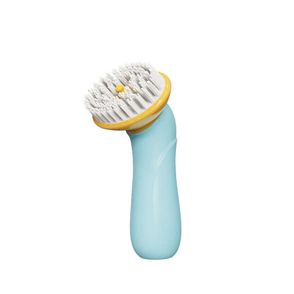 Handheld pet bath brush with soft silicone bristles for easy grooming and cleaning dogs and cats.