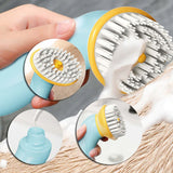 Handheld pet bath brush with silicone bristles and built-in soap dispenser for easy grooming and cleaning.
