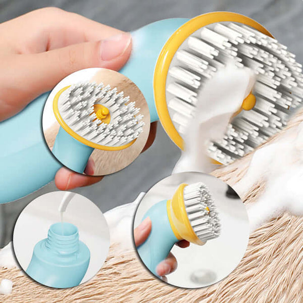 Handheld pet bath brush with silicone bristles and built-in soap dispenser for easy grooming and cleaning.